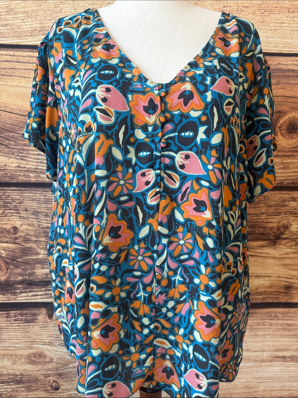 Premise Teal Floral V-Neck Short Sleeve Blouse with Coral & Pink Accents